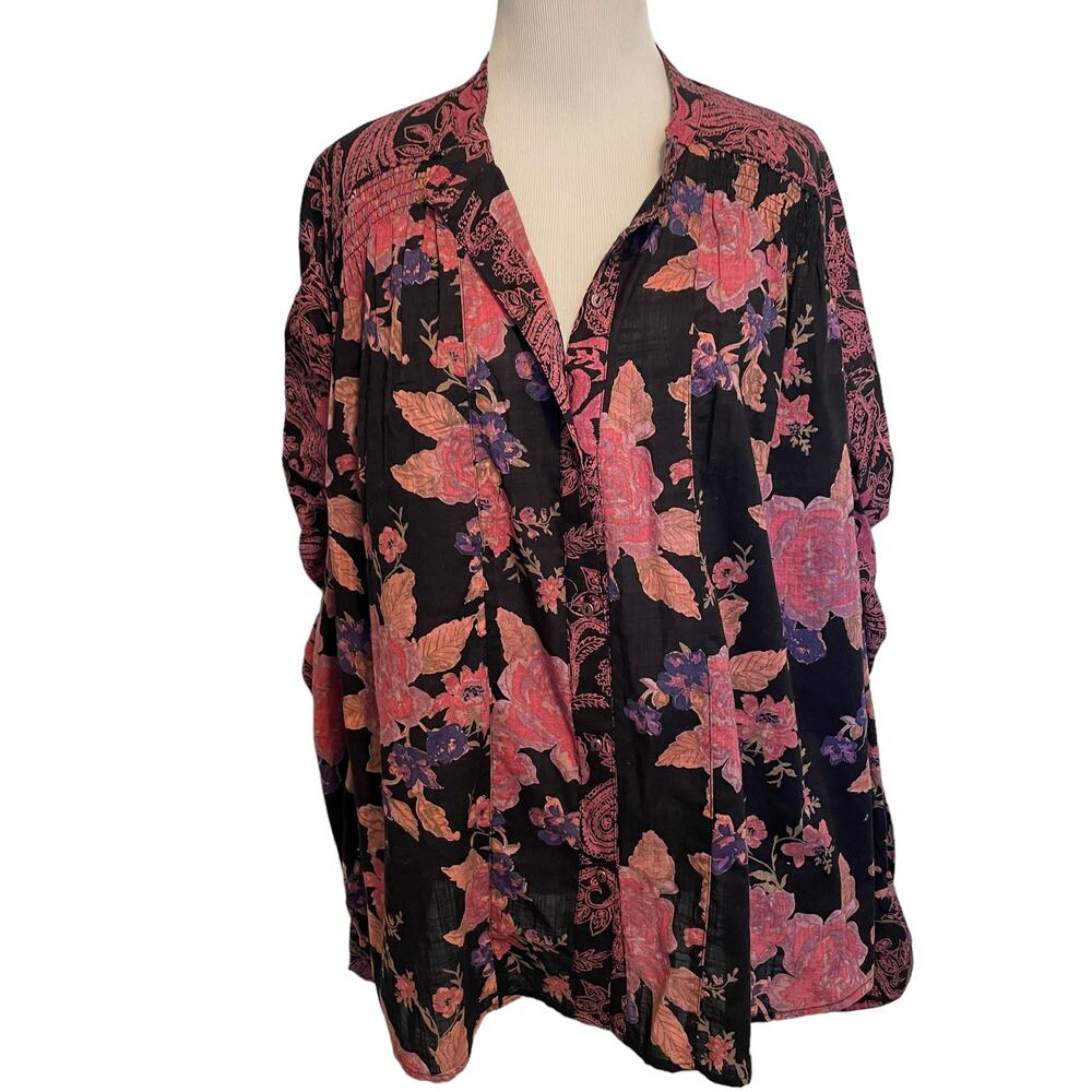 Free People Maraya Top Womens Size Large Black Combo Mixed Floral Puff Sleeves - Picture 2 of 11